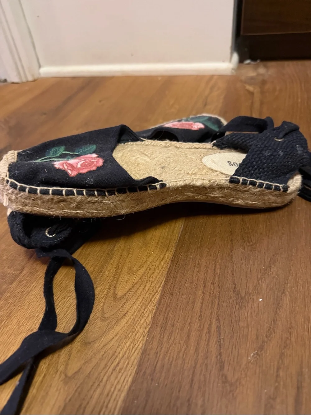 Soludos Black Espadrille Wedges with Pink Rose Embroidery